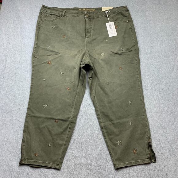 Soft Surroundings Jeans Womens 24W Green Legging Crop Zip Ankle Stretch Stars - Picture 1 of 9